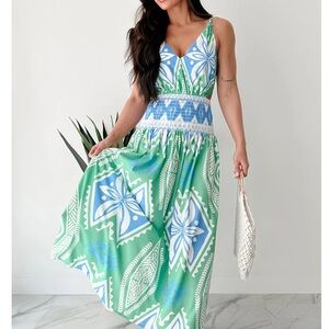 Green and Blue Patterned Maxi Dress
